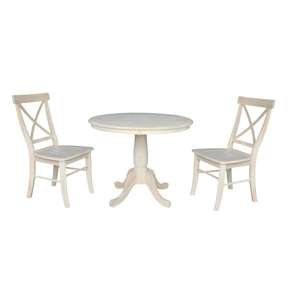 International Concepts 3-Piece Solid Wood Dining Set with 36" Round Pedestal Table and 2 Cross Back Chairs, Unfinished