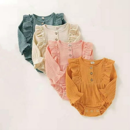 

Popvcly 0-24 Months Newborn Infant Baby Girl Outfit Clothes Fall Cotton Linen Rompers Solid Ruffle Jumpsuits For Toddler