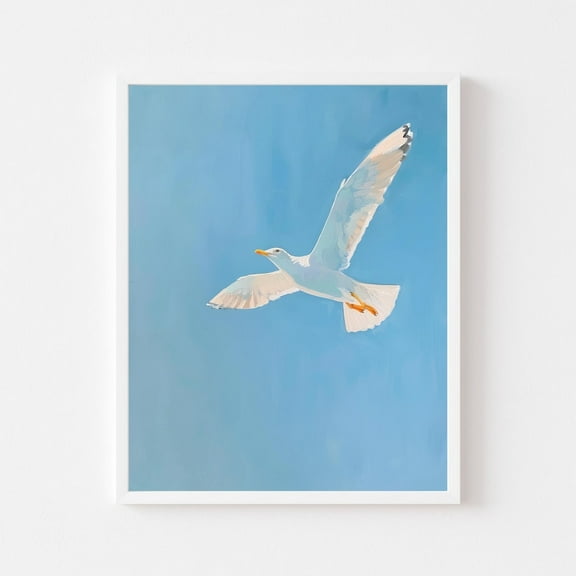 Miluva Seagull Flying Coastal Bird Wall Art Print Beach House Colorful Summer Shore Blue Sky Poster Wall Art Decor For Home Office, 8x12 UNFRAMED