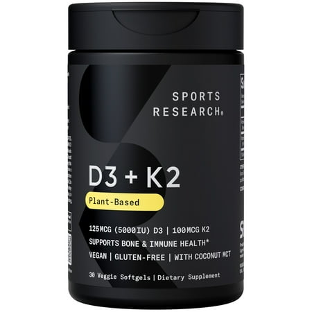 Sports Research® Vitamin D3 K2 with Coconut Oil | Plant Based Vitamin K2 MK7 + Vegan D3 5000iu (30 Veggie Softgels)