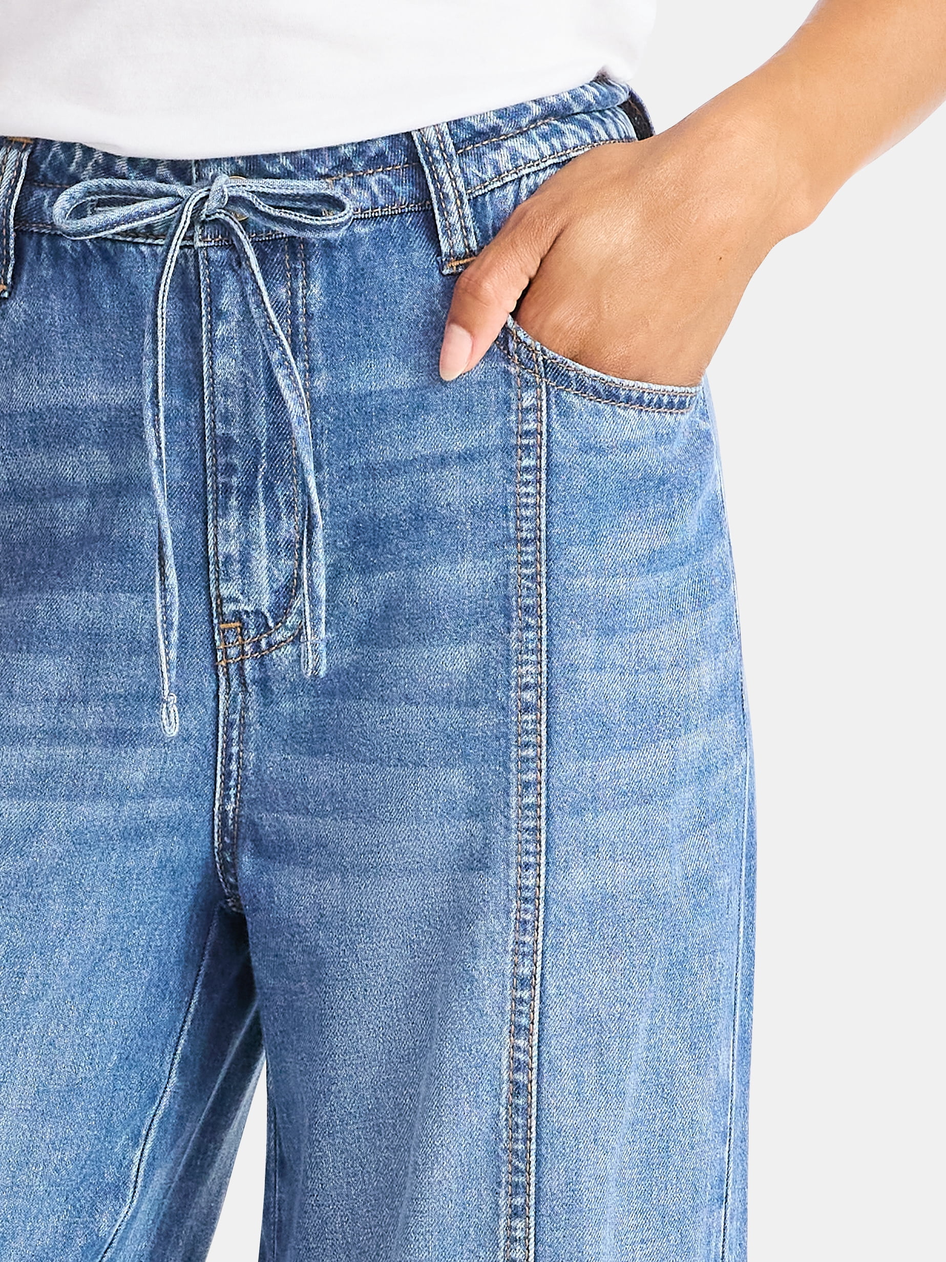 Time and Tru Women's and Women's Plus Relaxed Tie Waist Wide Leg Jeans, 31" Inseam, Sizes 0-20