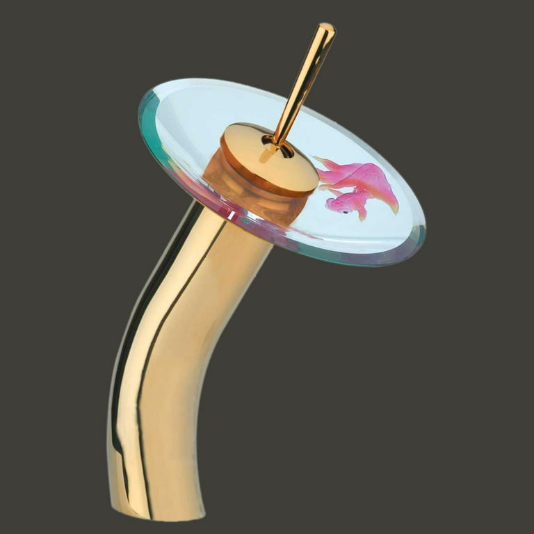 Waterfall Faucet Bathroom Sink Tap Golden PVD Glass Disk Koi