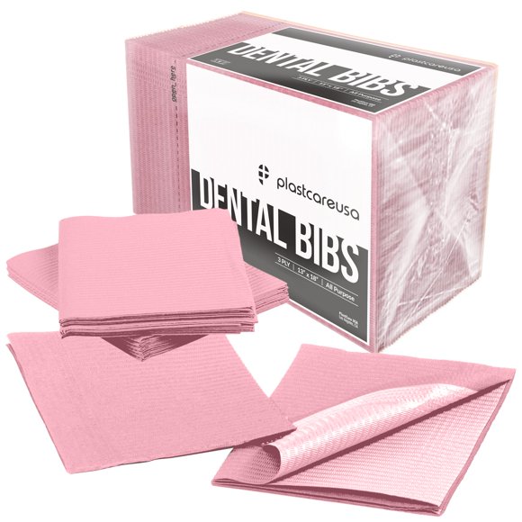 Baberos dentales desechables PlastCare USA, rosa, 13 x 18 cm, 3 capas