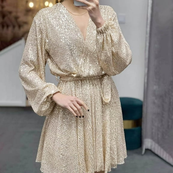 Tbopshirt Wedding Guest Dresses for Womens Summer Casual Beach Long Sleeve Sequins Dress V-neck Dress