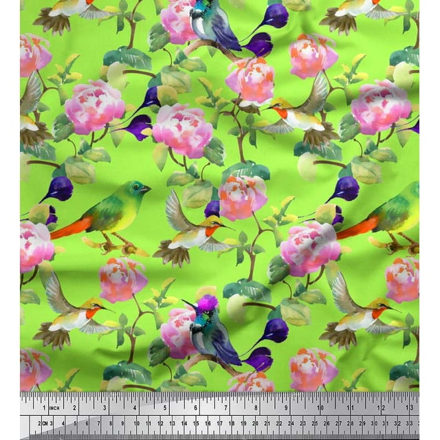 Soimoi Poly Georgette Fabric Leaves,Floral & Hummingbird Bird Print Fabric by Yard 52 Inch Wide