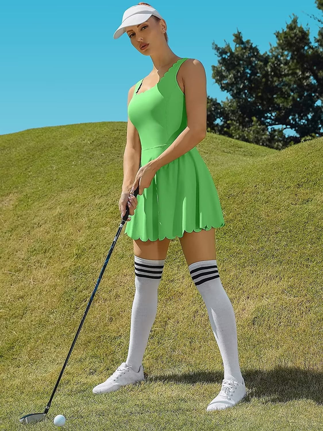 Charmo Womens Scallped Trim Tennise Dress Workout Athletic Golf Dresses with Shorts and Pockets