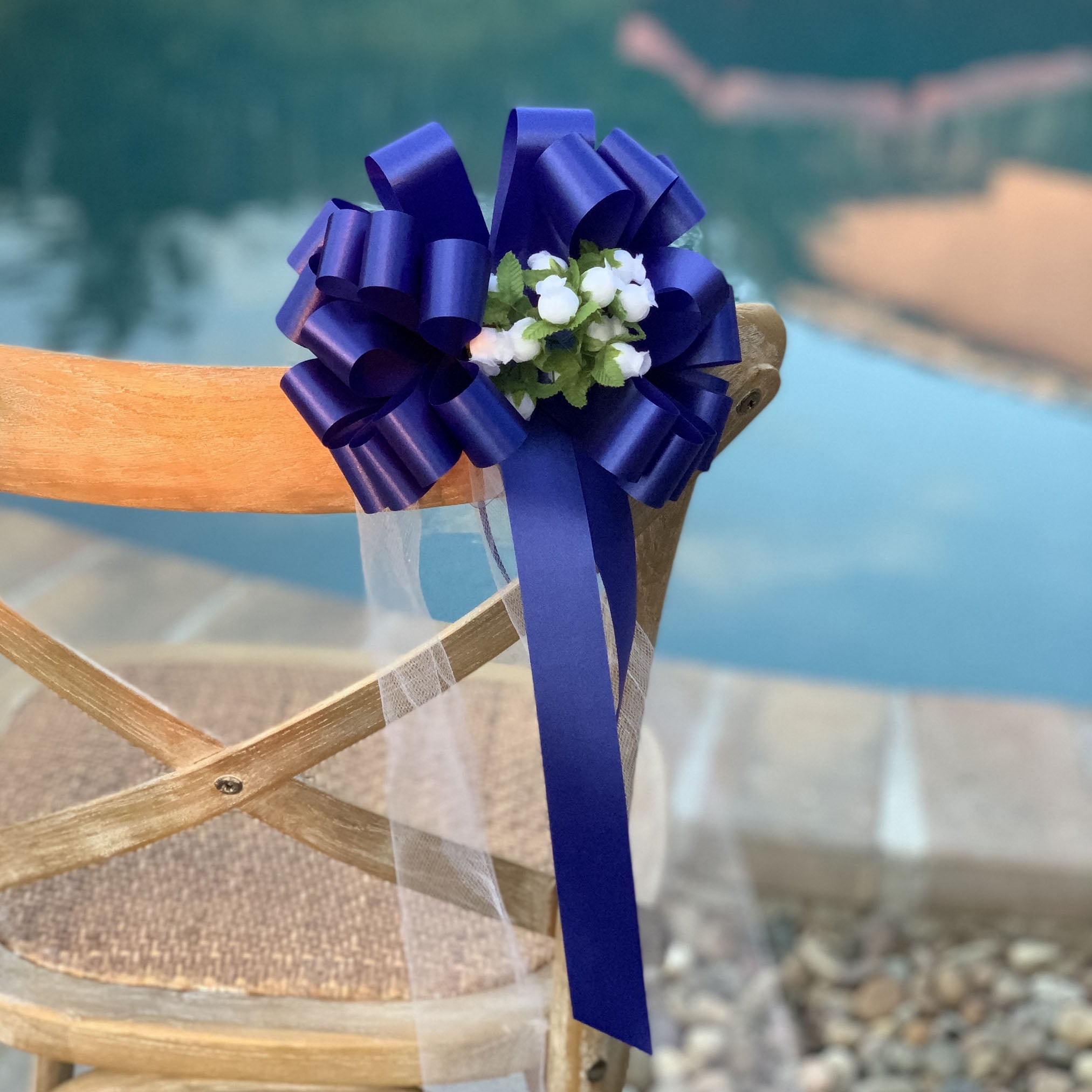 Royal Blue Pull Bows with Tulle Tails and Rosebuds - 8" Wide, Set of 6, Weddings, Easter, Memorial Day, 4th of July