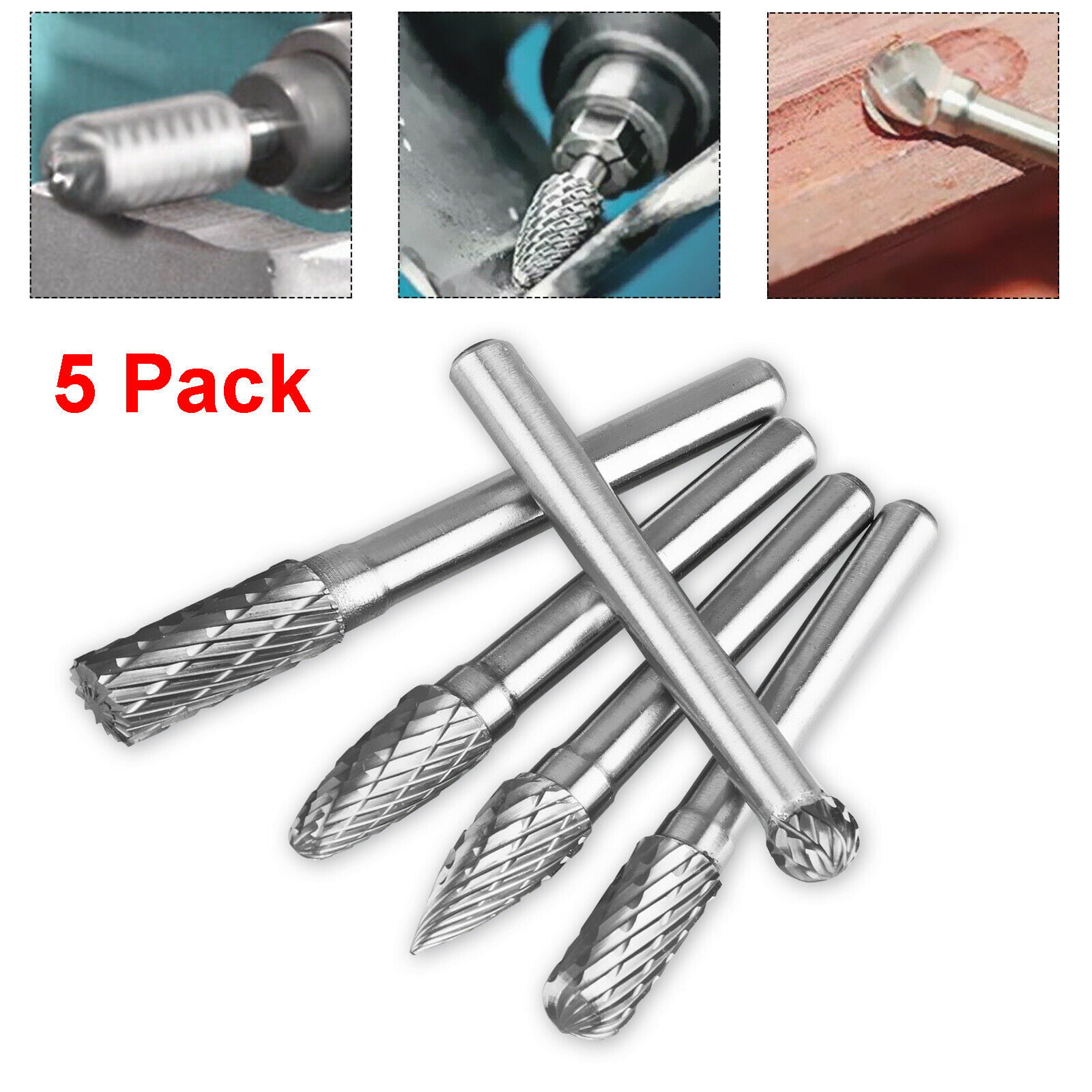 5Pcs Carbide Burrs Set Metal Carving,Polishing,Engraving,Drilling 8mm Head Double Cut Solid Tungsten Carbide Rotary Burr Set with 1/4-Inch Shank for Die Grinder Drill 