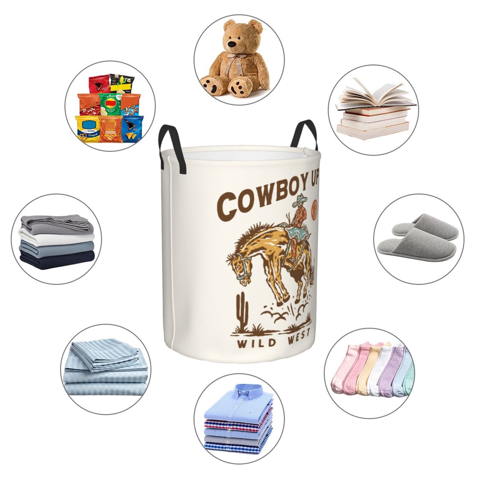 Large Laundry Basket with Handles - Cowboy Up Vintage Wild West Kids Baby Dirty Clothes Laundry Hamper for Bedroom Aesthetic
