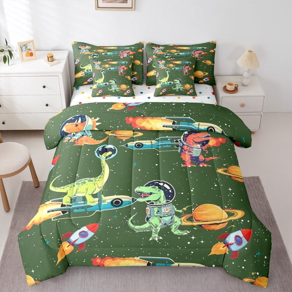 Feelyou Cute Green Dinosaur Twin Bedding Sets 7-Piece for Child, Outer Space Bedding Comforter Set, Kawaii Animal Astronaut Reversible Sheet Sets, Ultra Soft Bedroom Decor