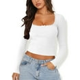 thumbnail image 2 of hotojiny Cropped Going out Tops for Women Spring Summer Trendy Knit Ribbed Shirt Casual Long Sleeve Square Neck T Shirts, 2 of 6