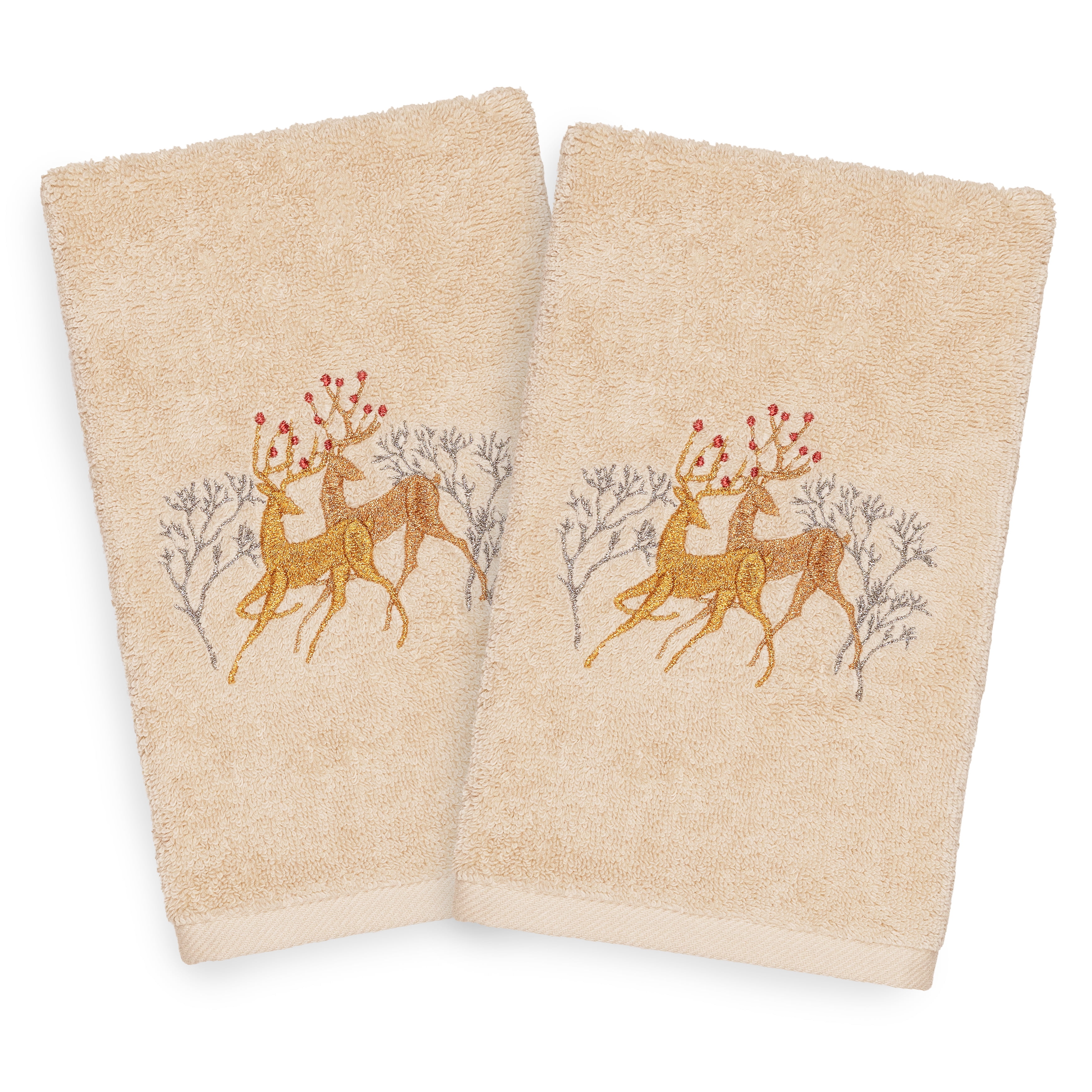 Linum Home Christmas Deer Pair Embroidered Beige Turkish Cotton Hand Towels Set of 2 Walmart