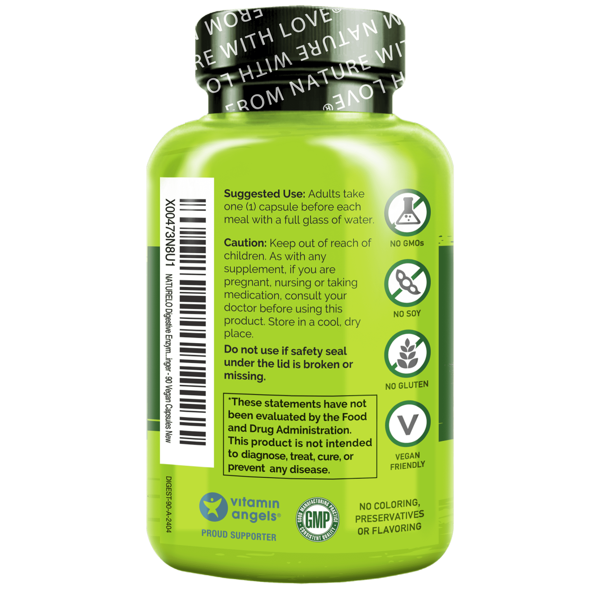 NATURELO Digestive Enzymes - Full Spectrum Support with a Broad Blend of 15 Enzymes Plus Ginger - 90 Vegan Capsules