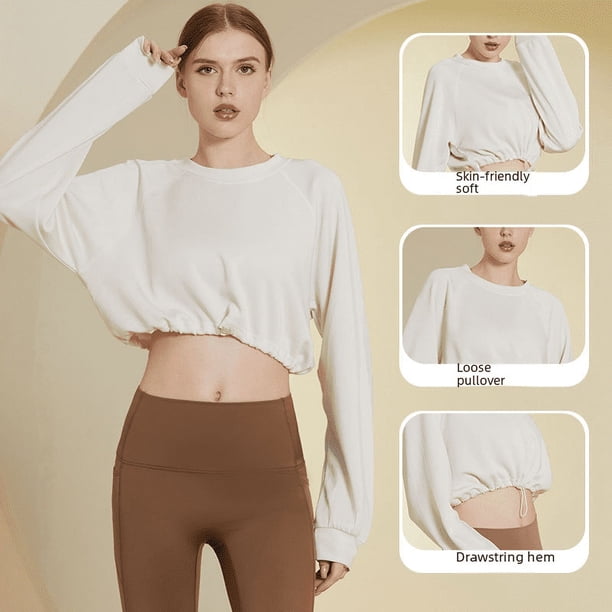 Suéter deportivo de manga larga para yoga, blusa corta hasta el ombligo para mujer, ropa de fitness con cordón adelgazante, chaqueta para correr