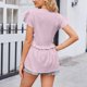 thumbnail image 4 of Camisa informal de verano con escote en V, mangas cortas, detalle de lazo y botones en la cintura, top con volantes y estampado de lunares morados XXL, 4 of 6