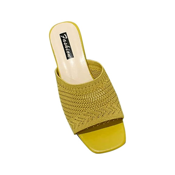 Heeled Sandals For Women Square Open Toe Heeled Chunky Block Low Heel Slip On Slides Women's Breathable Chunky Square To Sandals Yellow Women Sandal