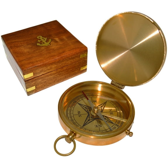 Large 4" Brass Compass & Rosewood Storage Box, Fully Functional, Nautical Pirate