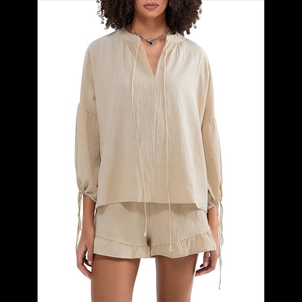 Conjunto de Dos Piezas para Mujer: Top de Larga con Lazo y Bóxer con Volantes Conjunto Informal A Juego Caqui S