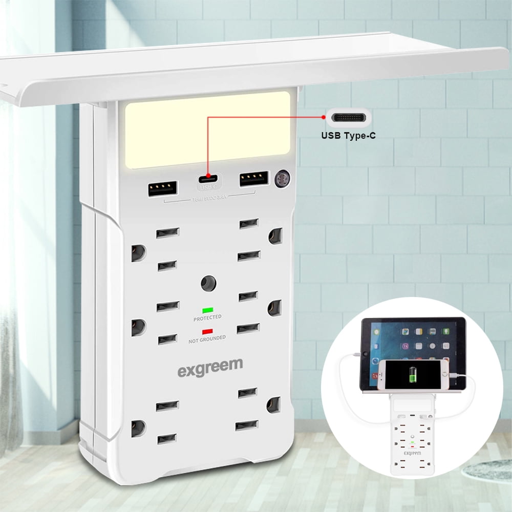 Wall Outlet Shelf Outlet with USBC charger and Nightlight,EXGREEM 6 Outlet Wall Plug, 1200J