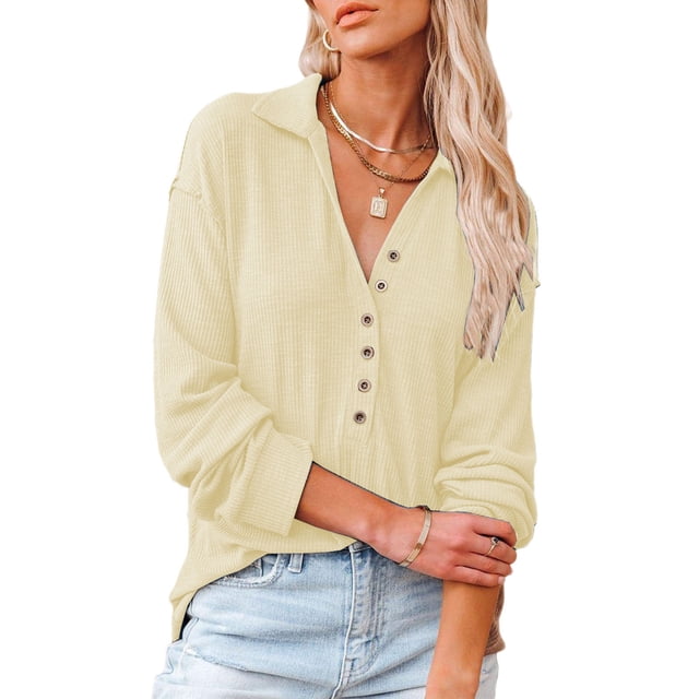 Camisa de punto con cuello en V para mujer, blusa informal de manga larga con cuello vuelto, Top, color albaricoque L