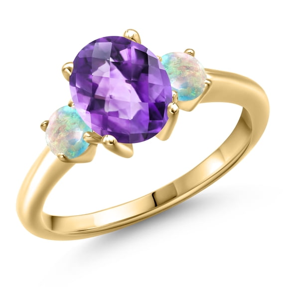 Gem Stone King 10K Yellow Gold Purple Amethyst and Simulated White Opal Engagement Ring for Women | 2.00 Cttw | Oval Checkerboard 9X7MM | Gemstone February Birthstone | Size 8