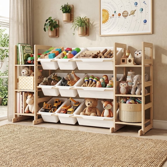 DOREROOM Kids Bookshelf and Toy Storage Organizer Modern 6 Tier with 9 Toy Bins Wood and Off-White