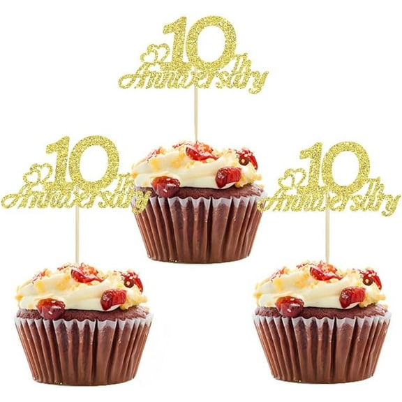 12pcs Gold 10th Anniversary Cupcake Toppers for Cheers to 10 Years Birthday 10th Wedding Anniversary Celebration Party Decorations