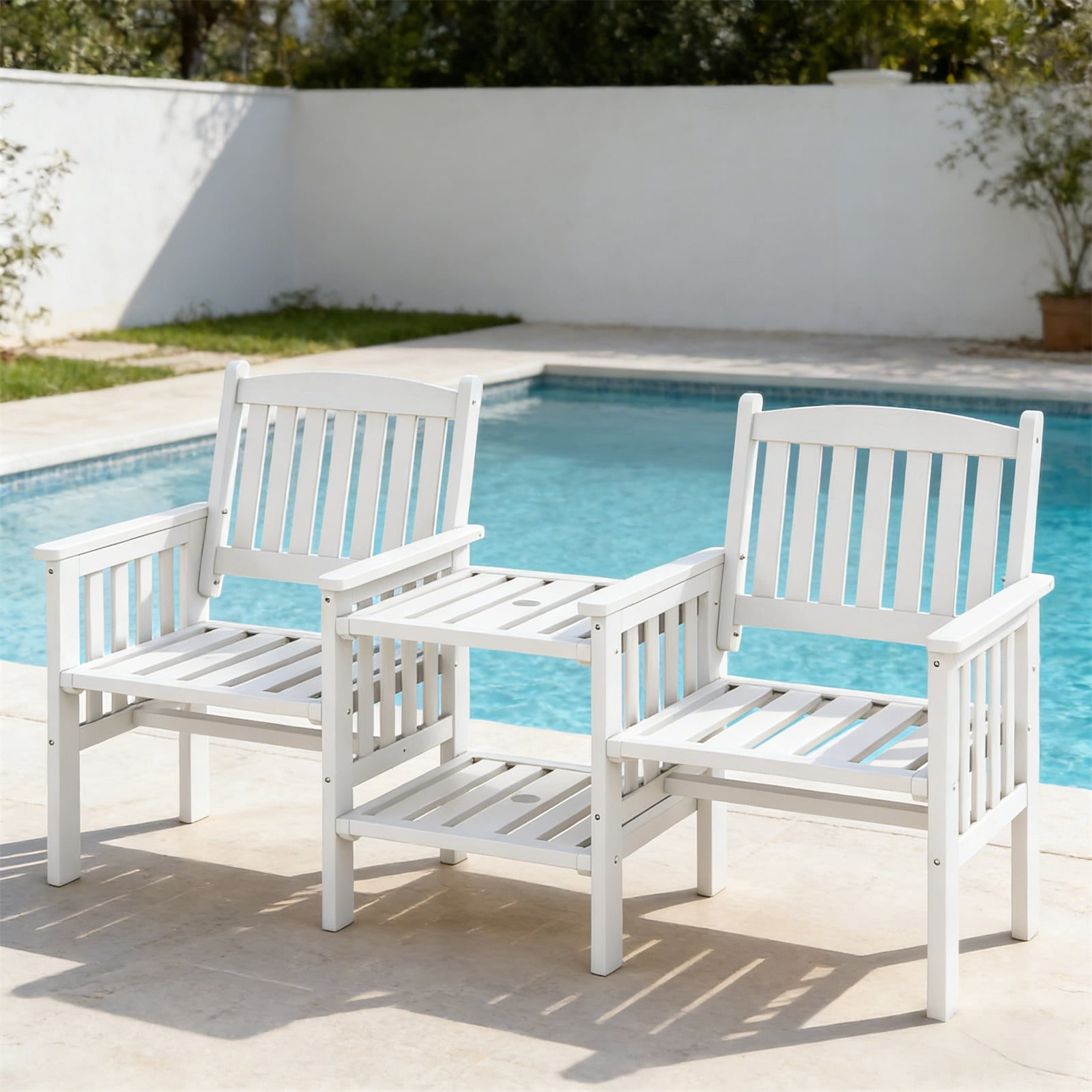 Hommoo Fir Wood Outdoor Patio Bench Loveseat with Side Table & Umbrella Hole, White
