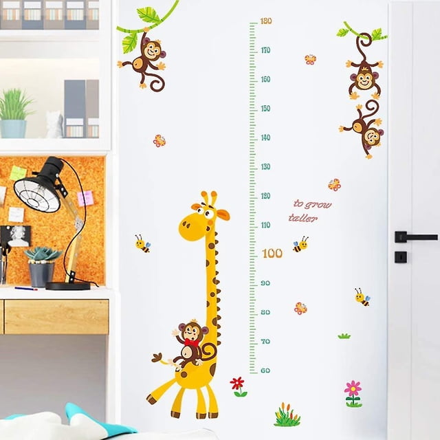 Pegatina de pared de mono jirafa para niños, tabla de altura, papel tapiz, Mural autoadhesivo artesanal, decoración artística extraíble para dormitorio de niños
