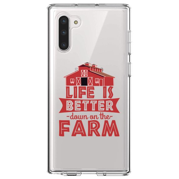 DistinctInk Clear Shockproof Hybrid Case for Samsung Galaxy Note 10 (6.3" Screen) - TPU Bumper Acrylic Back Tempered Glass Screen Protector - Life is Better Down on the Farm