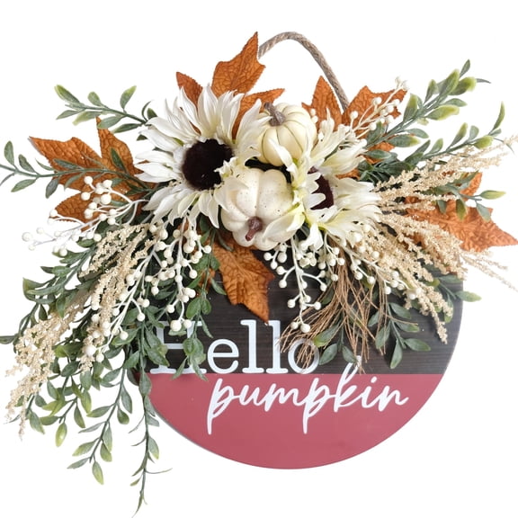 Idyllic Hello Pumpkin Wreath Sign for Front Door, Artificial flower Wreath Hanging Door for Decor Indoor Outdoor