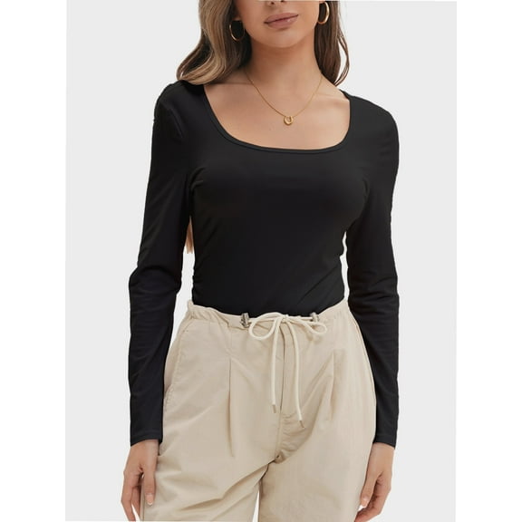 Womens Long Sleeve Scoop Neck Ribbed Knit Fitted Casual Tops Tee Slim Basic Shirts