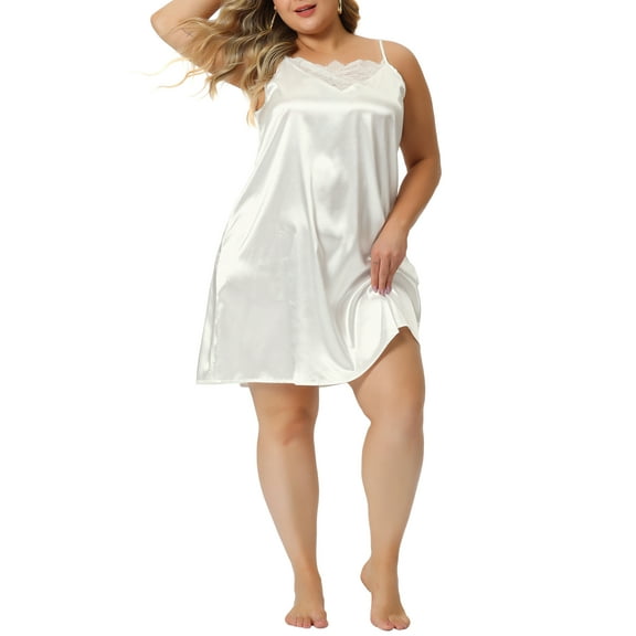Unique Bargains Women's Plus Size Spaghetti Strap Adjustable Lace Nightdress Nightgowns 1X White