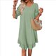 thumbnail image 1 of Vestido Corto Holgado con Mangas Abullonadas, Bajo con Volantes, Cuello Redondo y Fruncido, Color Verde Calabaza, Talla S, 1 of 10