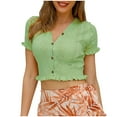 thumbnail image 2 of Timegard Crop Tops for Women V Neck Button down Ruffle Short Sleeve Cute Summer Travel Casual Tee Shirts, 2 of 5