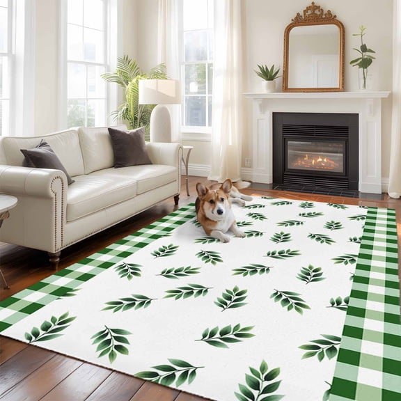 6'x9' Area Rugs, Botanical Leaf Indoor Outdoor Area Rug for Living Room Bedroom, Green Buffalo Plaid Checkered Country Washable Bathroom Rugs Kitchen Floor Carpet Mats Home Decor Aesthetic