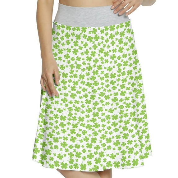 Women's Shamrock Irish Culture Lucky Leaves A-line Printed Skirt Casual Wear, XL, Apple Green and White, by Ambesonne