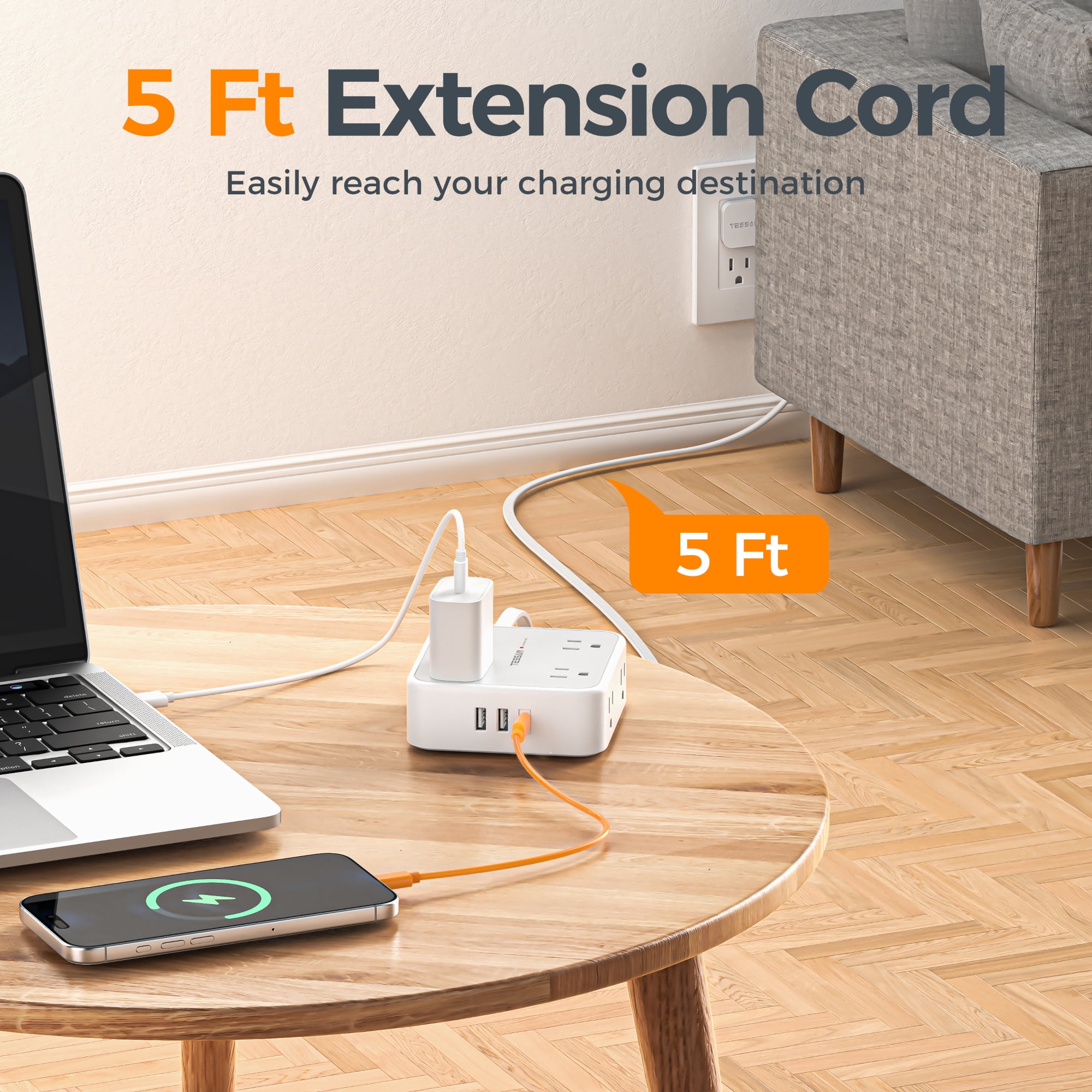 5ft Flat Plug Extension Cord, 8-Outlet Surge Protector Power Strip, 3 USB Ports (1 USB C), Wall Mountable, Gray