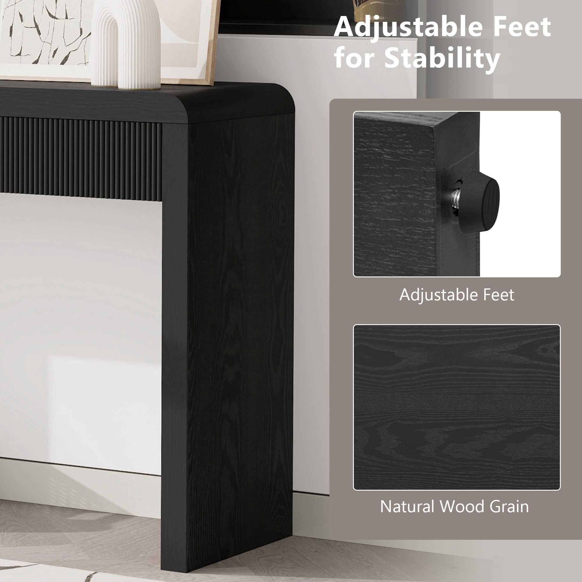 Euroco 52.9" Fluted Console Table with 3 Drawers,Solid Wood Narrow Long Entryway Table for Living Room Foyer Hallway,Black