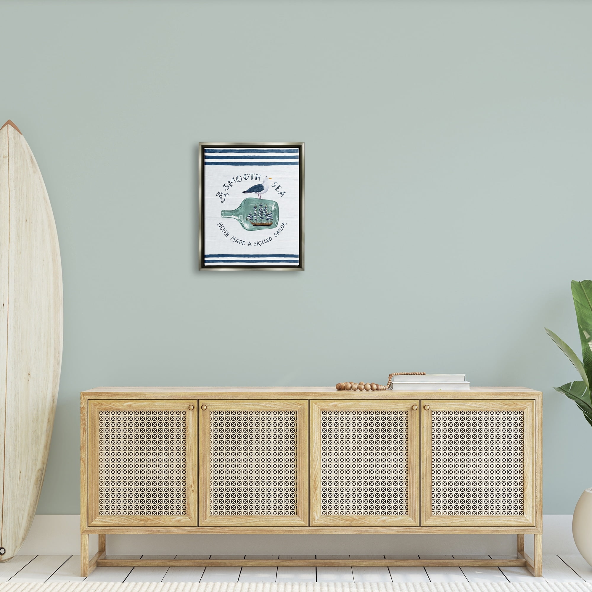 Stupell Industries Ship In Bottle Seagull Striped Nautical Phrase Graphic Art Luster Gray Floating Framed Canvas Print Wall Art, Design by Raquel Maciel