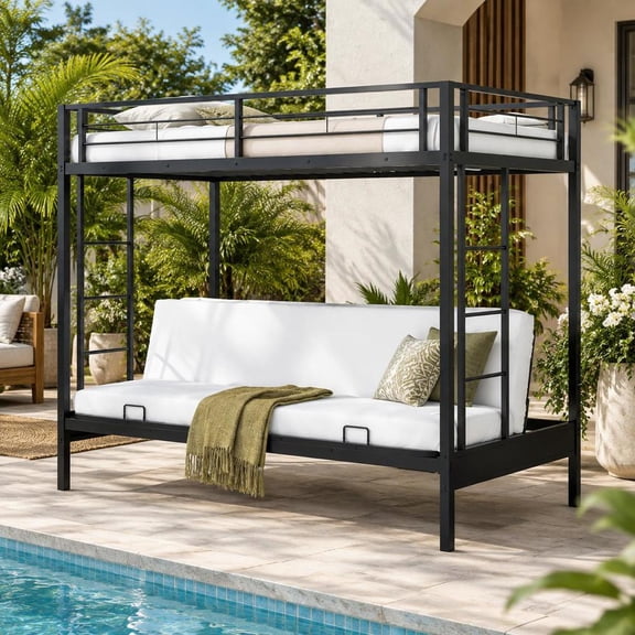 Twin over Futon Bunk Bed with 2 Ladders, Safety Guardrails, Adjustable Sofa, Black