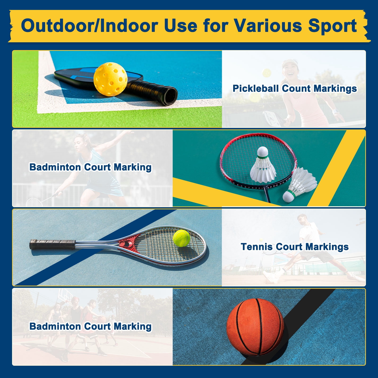 Uxcell Pickleball Court Tape, 2Inch x 230Ft Outdoor Pickleball Lines, Court Marking Kit for Temporary/Gym/Tennis/Driveway/Badminton/Sport [Yellow]