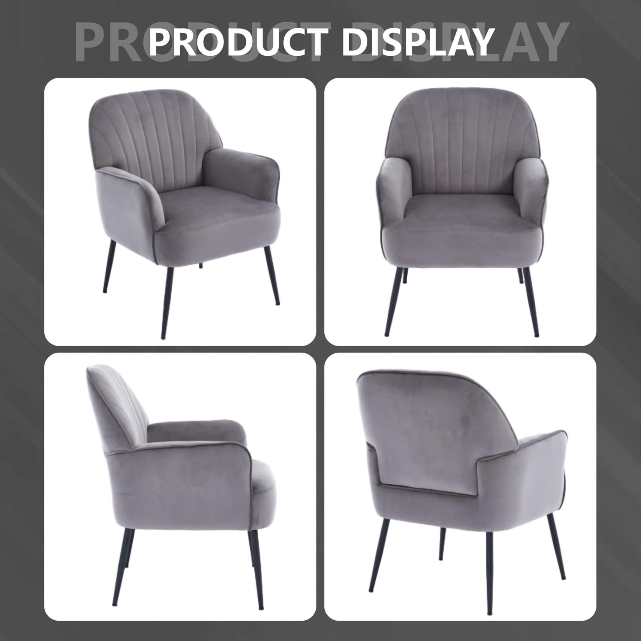 Noble House Ordis Velvet Accent Chair with Shell-Shaped Backrest & Metal Legs, Comfy Barrel Chair for Living Room, Grey