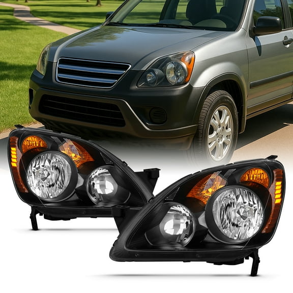 AKKON - Fits 2005-2006 Honda CRV CR-V [OE Style] Black Headlights w/Amber Signal Lamp Left Right Pair Set
