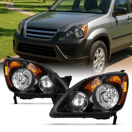 AKKON - Fits 2005-2006 Honda CRV CR-V [OE Style] Black Headlights w/Amber Signal Lamp Left+Right Pair Set