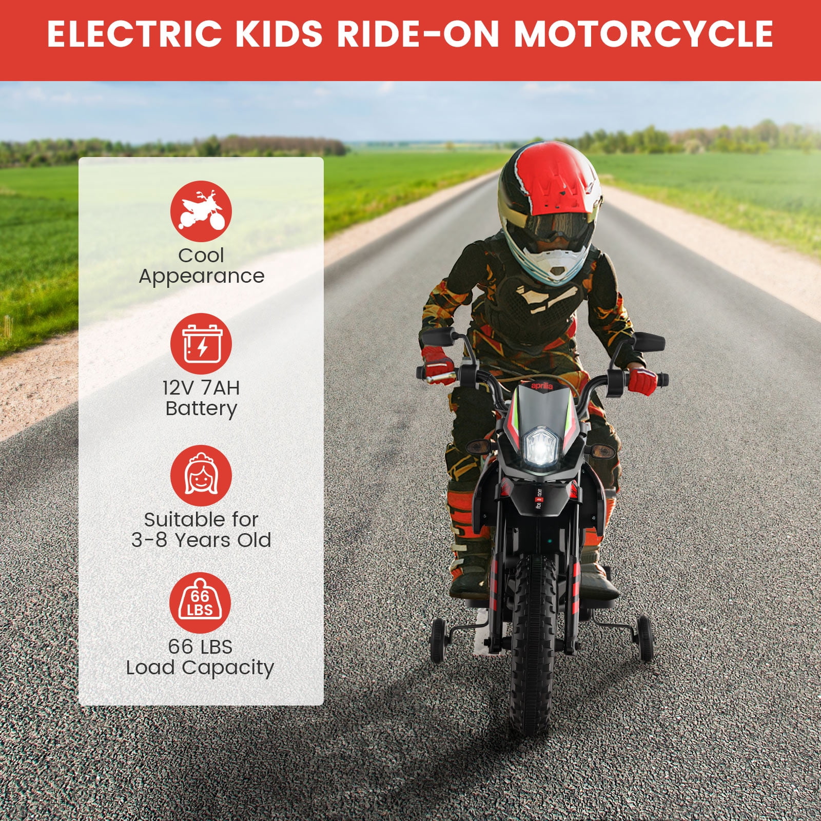 Costway 12V Licensed Aprilia Kids Ride On Motorcycle Electric Dirt Bike with Light & Music