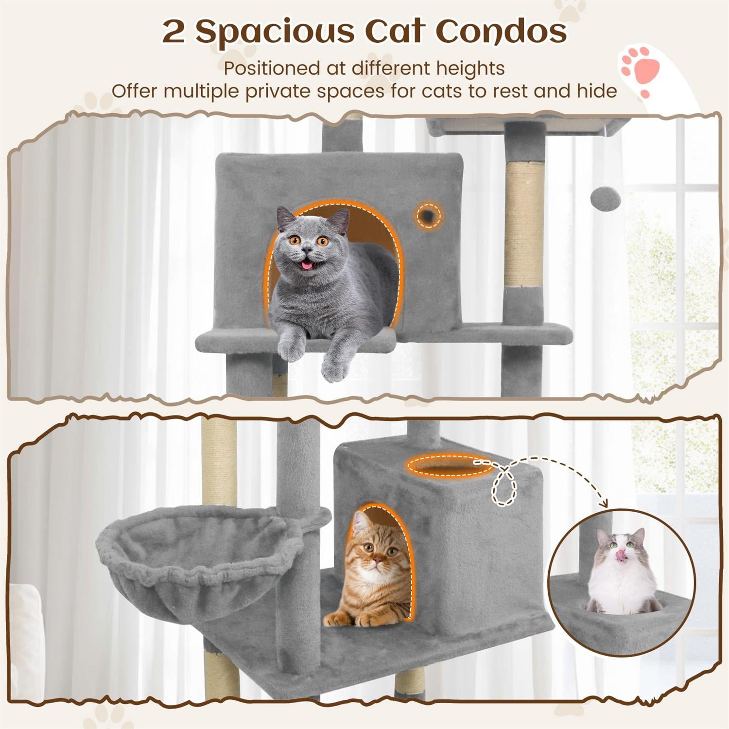 Demi Bonn 80" Tall Cat Tree, 2 Large Condos & Dangling Toys, Hammock & Sisal Scratching Posts, Light Gray