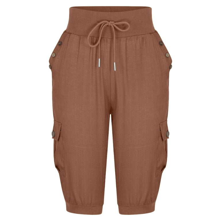 Capri Pants for Women Cotton Linen Plus Size Cargo Pants Capris Elastic  High Waisted 3/4 Slacks with Multi Pockets (Small, Brown) 