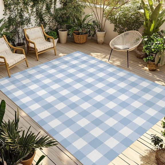 Light Blue Plaid Outdoor Rug for Patio/Deck/Porch, Non-Slip Large Area Rug 3 x 5 Ft, Modern Minimalist Country Indoor Outdoor Rugs Washable Area Rugs, Reversible Camping Rug Carpet Runner