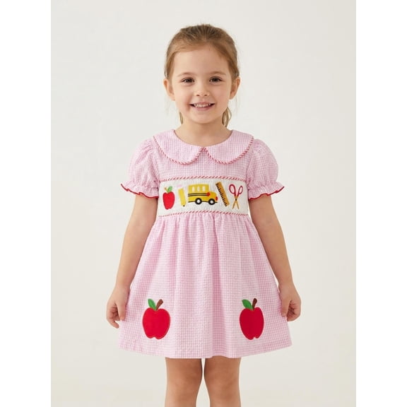 Kids Girls Back to School Dress Apple Pencil School Bus Embroidery Doll Collar Short Sleeve Dress Toddler Summer Casual Dress